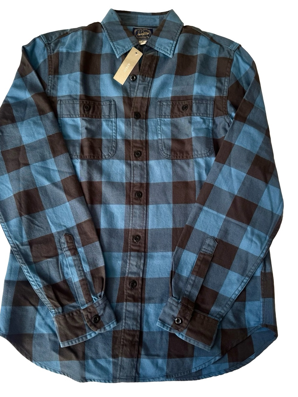NWT J.Crew Men's Blue/Brown Plaid Flannel Long Sleeve Button-Up Shirt Size S